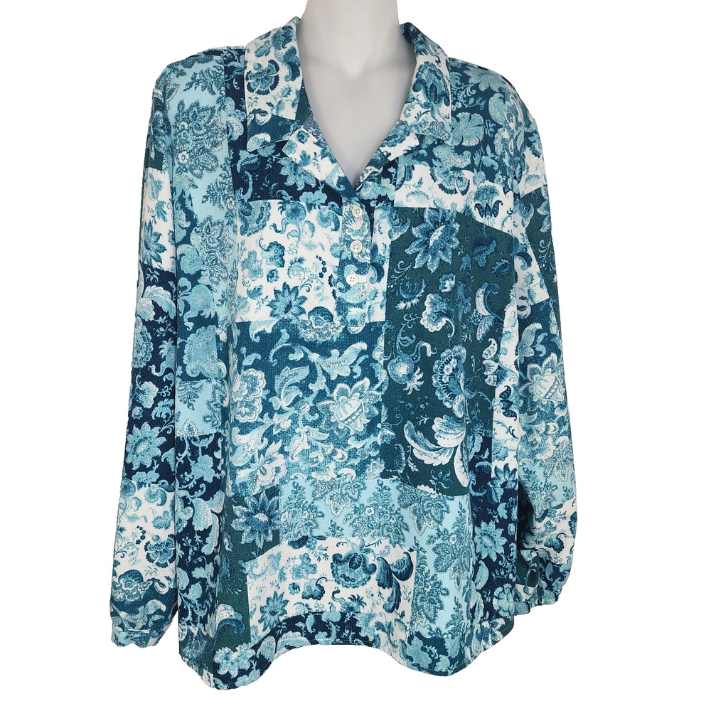 Denim & Co. Womens Printed Top Curved Hem Turquoise XL Pullover Floral A520327